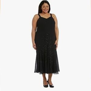 New!R&M Richards Black Midi Beaded Chiffon Sleeveless Dress